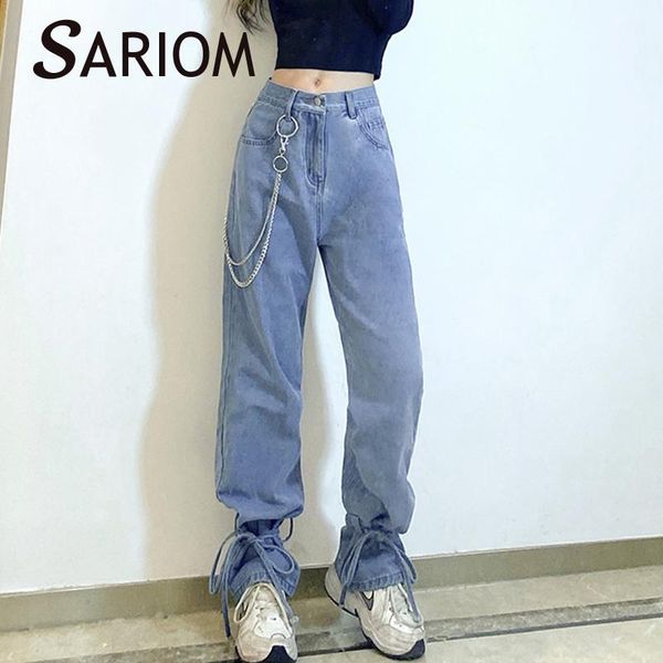 

high waist chain straight leg baggy jeans women all-match cotton harajuku punk fashion loose lace up pants capris long trousers women's, Blue