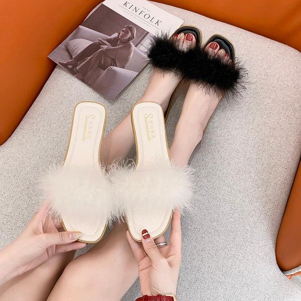 

sandals 2021 fashion flat heel womens plush beach slippers summer korean pleated casual simple rome shoes, Black