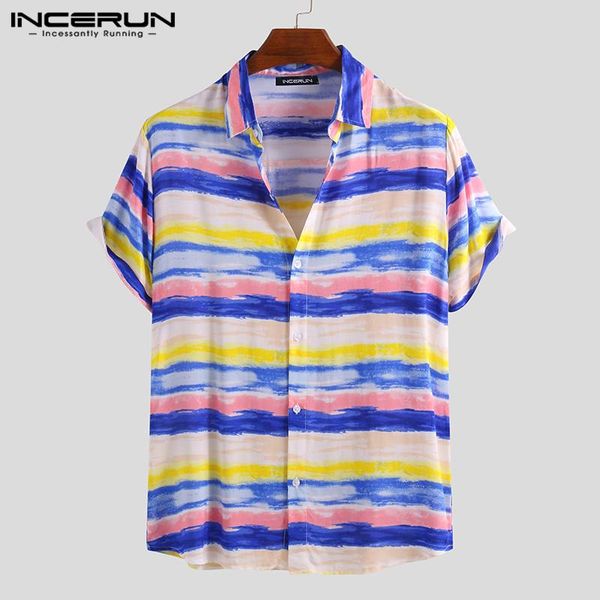

men's casual shirts incerun striped colorful print men shirt loose vacation turn-down collar short sleeve hawaiian camisas 2021, White;black