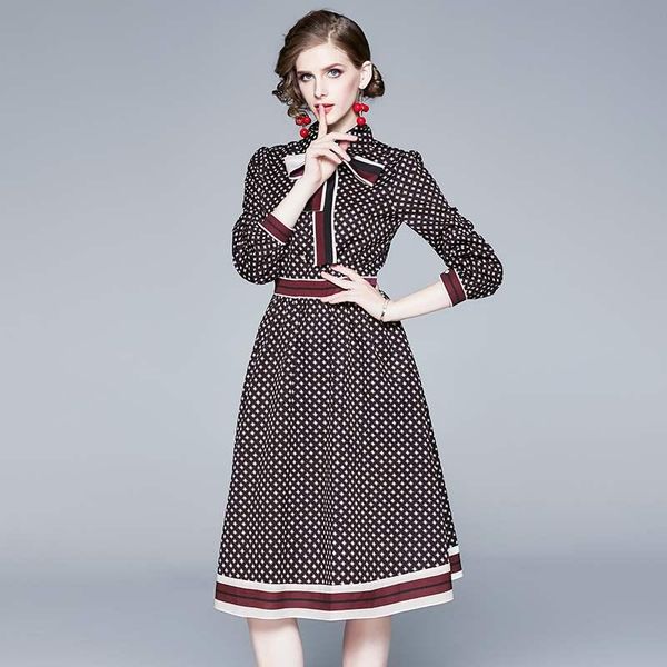 

casual dresses runway design spring fall 2021 plaid print lapel long sleeve dress women bow lace-up slim party lady, Black;gray