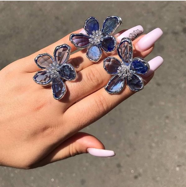 

jewelry sets godki luxury flower blue crystal set for women wedding necklace earring cubic zircon dubai bridal 2021, Black