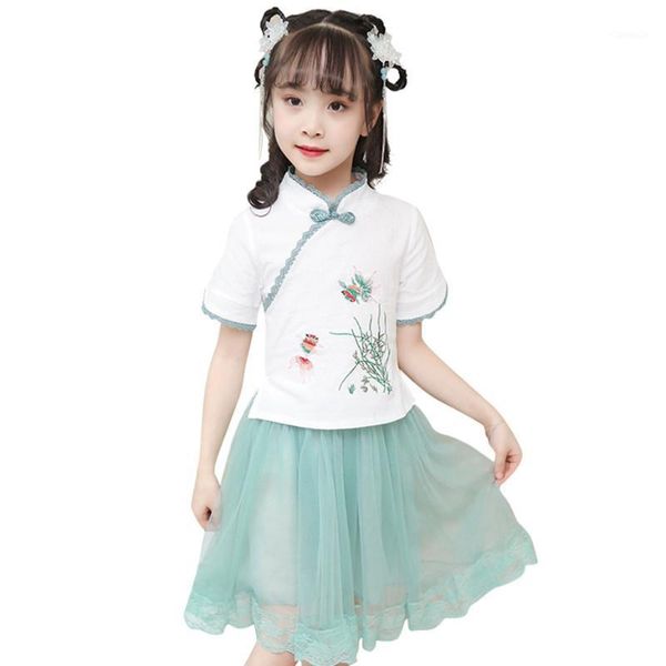 

kids clothes girls embroidery tshirt + skirt teenage clothing mesh girl set china style children's tracksuits sets, White