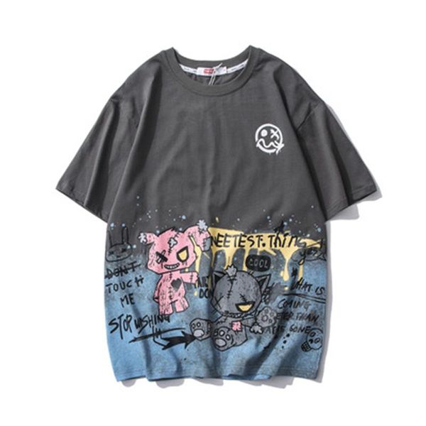 

men's t-shirts street national tide hip-hop cartoon graffiti printed t-shirt 2021summer casual loose half-sleeved cotton male ins, White;black