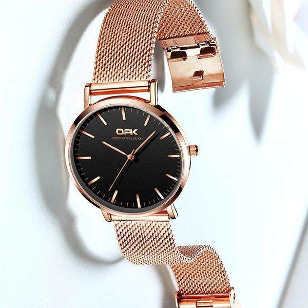 

wristwatches opk women quartz watch thin fashion minimalist stainless steel ladies watches mesh girls, Slivery;brown