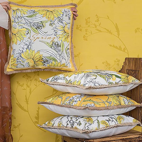 

cushion/decorative pillow sunflower printed sofa american pastoral fringed lace office cushion bedside yellow home decorative