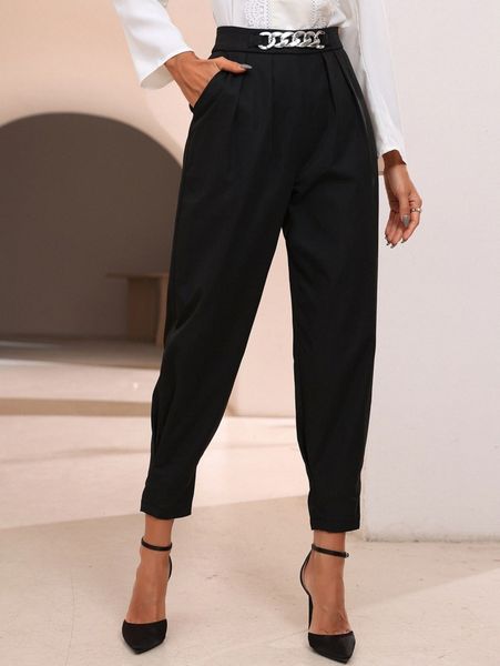 

chain detail slant pocket fold pleated pants 02y1#, Black;white