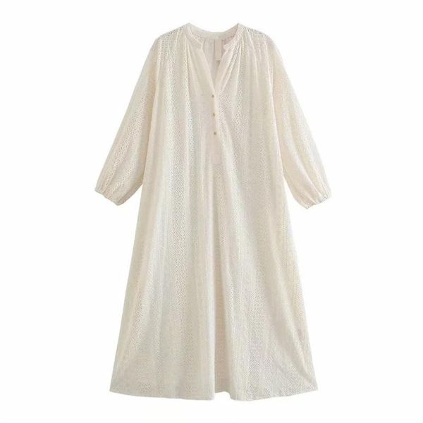 

casual dresses women sweet hollow out embroidery midi dress lantern long sleeve button up female cotton, Black;gray