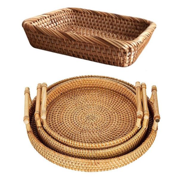 

storage baskets rattan basket fruit snack picnic & dinner plate (three-piece set with handle) tray