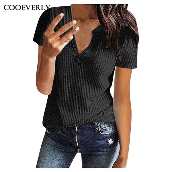 

women's t-shirt summer solid color fashion knitted short-sleeved with waist v-neck loose shirt simple basic style tee femme, White