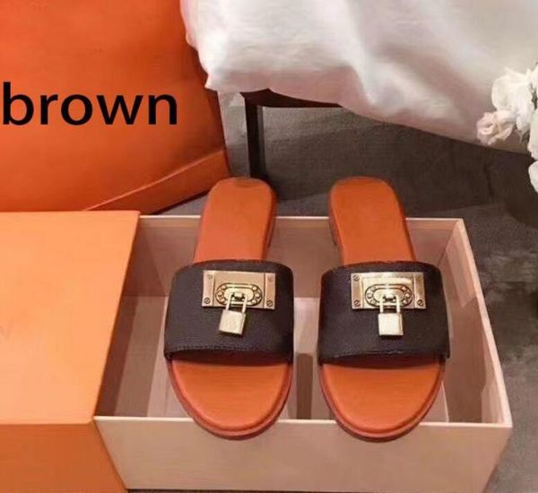 

women summer fashion beach slippers leather cartoon big head flat shoes l letters womens shoe metal lock slipper qaulity, Black
