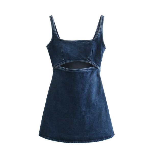 Vestidos casuais para mulheres 2021 Roupas de moda decote em linha reta decote sem mangas placa cortada bodycon vestido de verão cinta mini denim