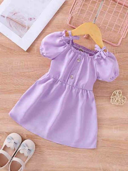

baby puff sleeve bow shoulder fake button dress she, Red;yellow