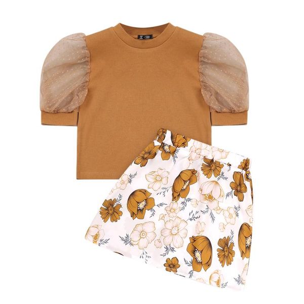 

summer girl's clothing set puff sleeve round neck and flower print skirt two-piece suit for vacation birthday party sets, White