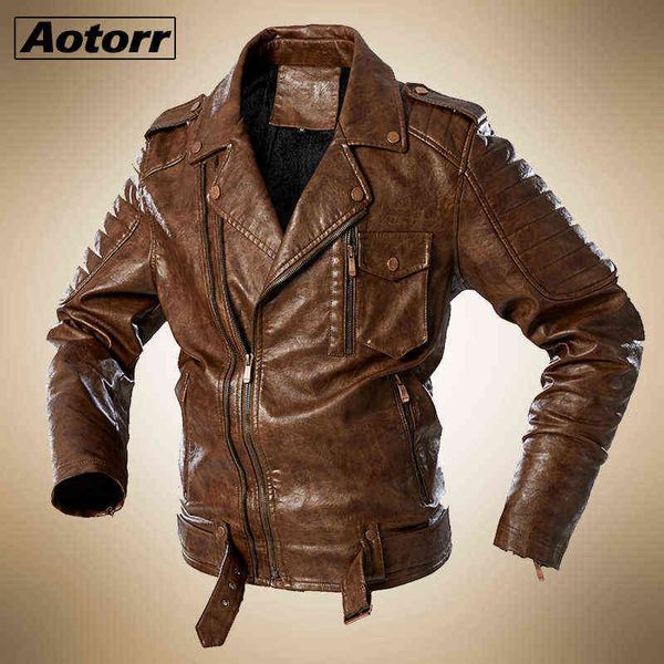 2021 Moda Mens Jaqueta De Couro Pele Alinhada Motocicleta Casaco Rua Moda Moda Homens Brown Zipper Biker Casacos Plus Size Coats Y1109