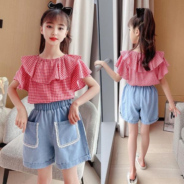 

clothing sets kids shorts set for girls clothes 2021 summer short red plaid shirt denim two-piece teen outfits children 10 12y, White