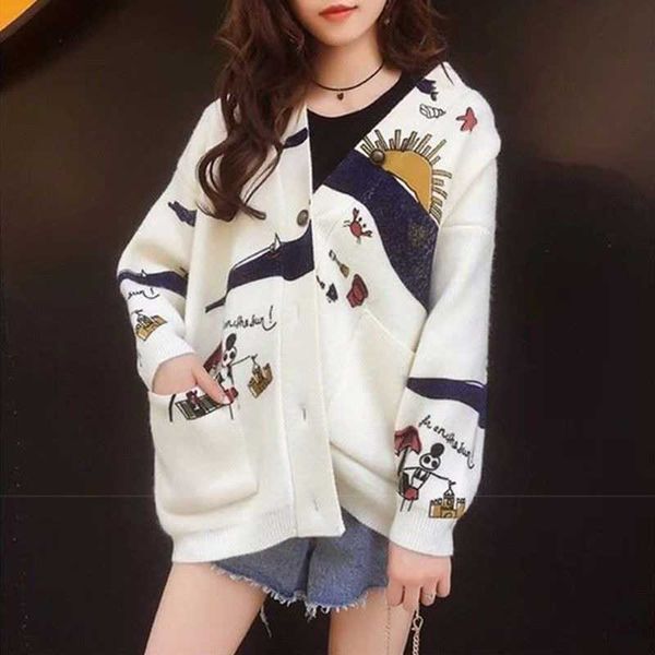 

women's sweaters cardigan sweater autumn and winter loose cute print joker long sleeve knitted jacket oversize ci7z, White;black