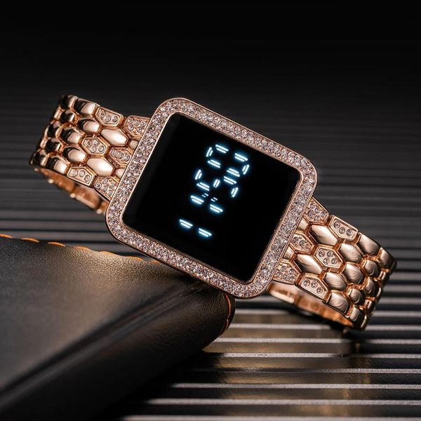 

wristwatches 2021 women's digital watches fashion led touch watch women men luxury crystal rose gold square dial sport wristwatch reloj, Slivery;brown