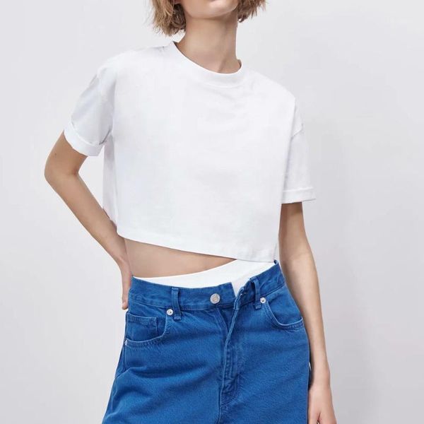 

women's spring and summer 2021 black white short-sleeved loose casual round neck short crop t-shirt