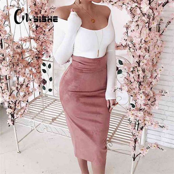 

cnyishe midi high waist suede pencil skirts women autumn fashion bodycon slim skirt regular office lady bottoms 210629, Black