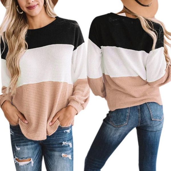 

casual three-color stitching home loose sweater womens long sleeve jumper o neck sweaters fashion blouse women's blouses & shirts, White