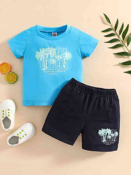 

baby letter & palm tree print tee & shorts she, White