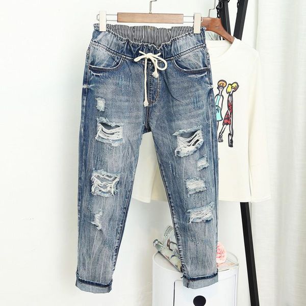 

summer ripped boyfriend jeans for women fashion loose vintage high waist plus size 5xl pantalones mujer vaqueros q58 women's, Blue
