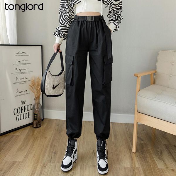 

women big pocket cargo pants with belt 2021 spring summer high waist straight pant tie feet casual mujer pantalon long trousers women's, Black;white