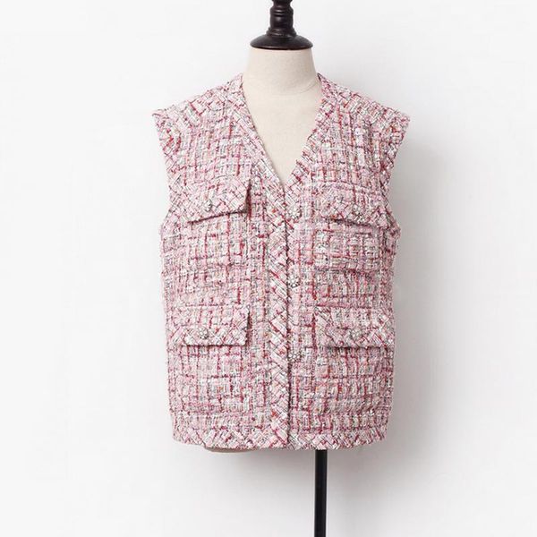 

tweed jacket pink plaid sleeveless casual holiday autumn / winter women's short style small fragrance one piece jackets, Black;brown