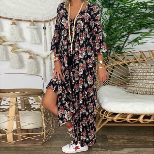 

casual dresses summer dress loose plus size print long sleeve boho v-neck ladies beach sundress, Black;gray