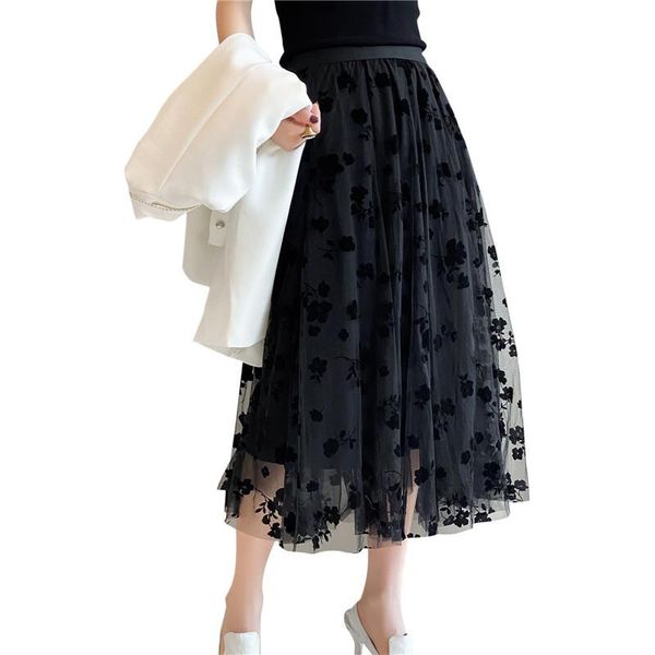 

beautiful long tulle skirt women fashion korean floral print mesh a line high waist flower female skirts streetwear, Black