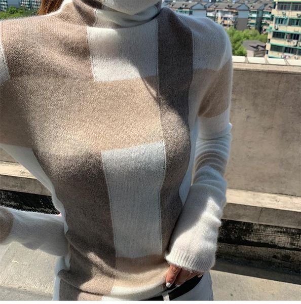 

women's sweaters cashmere sweater high-neck color matching 100% pure wool pullover fashion plus size warm knitted bottoming shirt, White;black