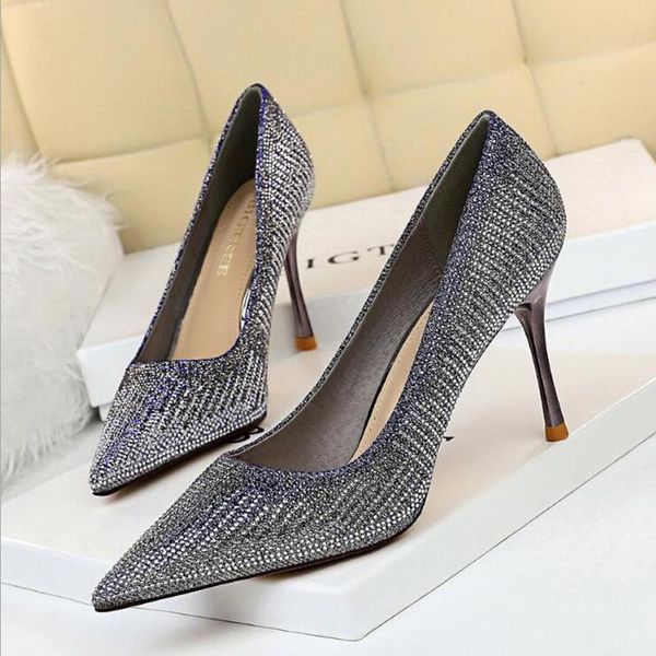 

dress shoes high heel women fashion thin pointed toe rhinestone heels 2021 autumn banquet shallow d409, Black