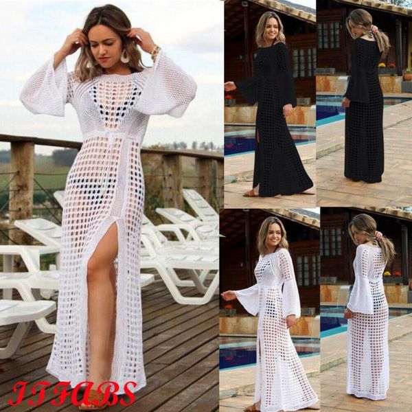 

casual dresses summer women crochet cover up knit long beach slit dress tunic beachwear hollow out solid ankle length, Black;gray