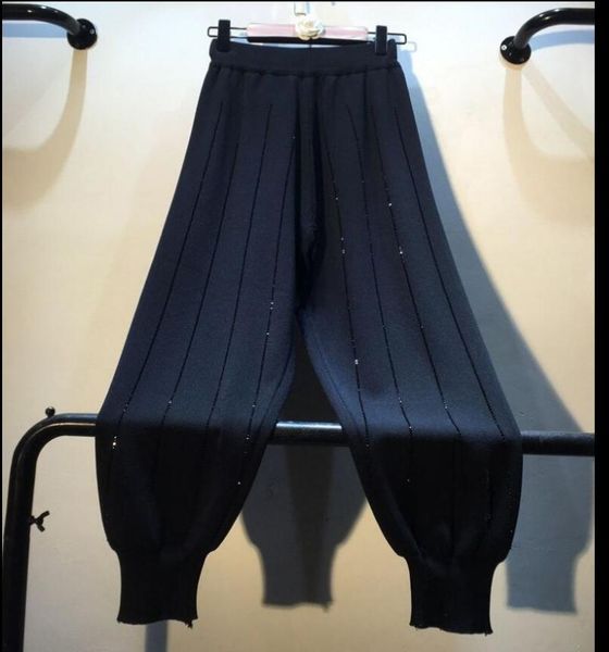 

women's pants & capris 2021 spring women loose heavy vertical drill ice knitted trousers female girls high waist knitting black harem, Black;white