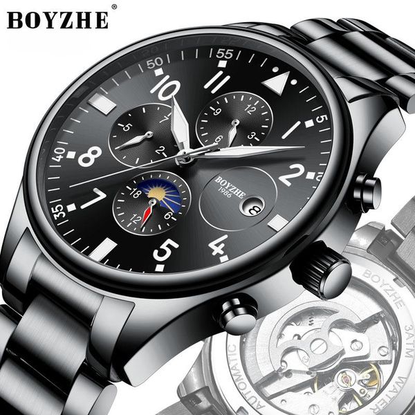 

wristwatches men's automatic mechanical watch luxury famous moon phase waterproof luminous stainless steel business watches for men rel, Slivery;brown