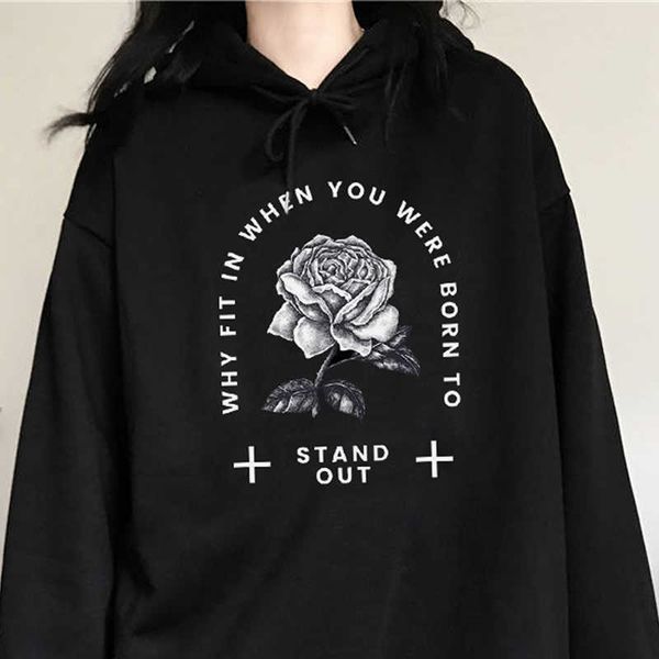 

winter casual female punk dark street large size loose gothic rose letter printed ins long sleeve vintage sweatshirt 210608, Black