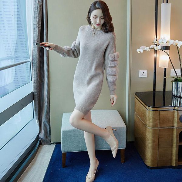

casual dresses 2021 the autumn women knitting dress long sleeve o-neck vintage fashion elegant korean party ladies mini clothes, Black;gray