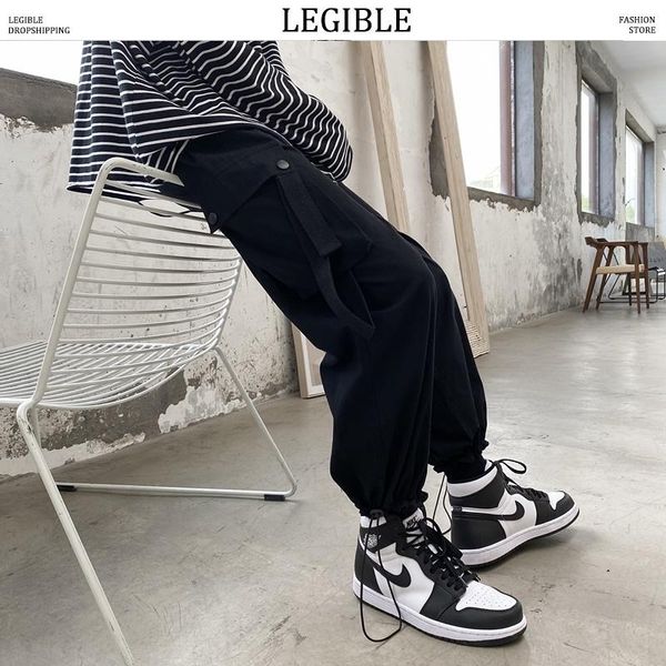 

men's pants color solid men harem korean casual joggers elastic waist straight trousers, Black