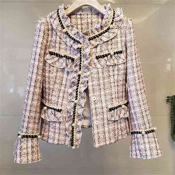 Vintage xadrez Weave Tweed Jacket Mulheres Flare Manga Longa Pérolas Retalhos Ruffles Casaco De Lã Elegante Outwear 210603