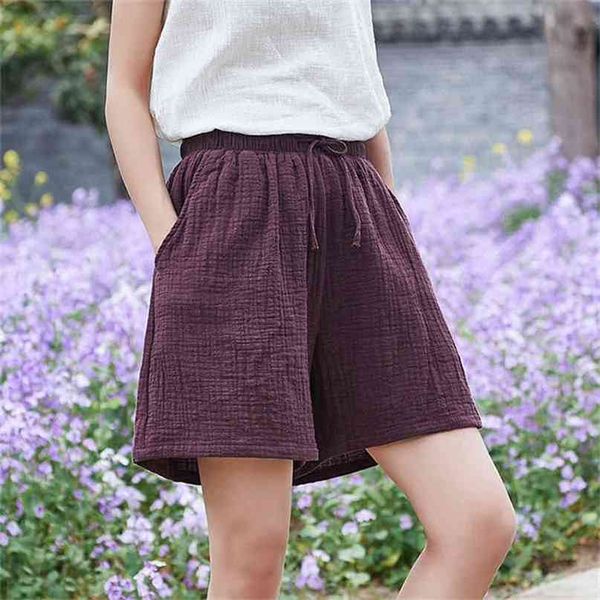 

johnature style casual cotton linen women shorts summer solid elastic waist wide leg 210722, Black