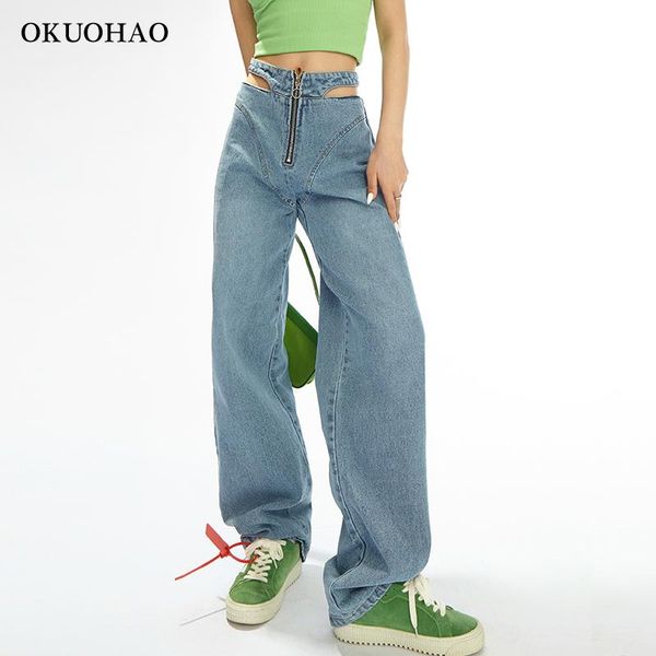 

women's jeans straight women hollow out zipper waist 2021 fashion loose casual jean pants autumn winter high classic trousers, Blue