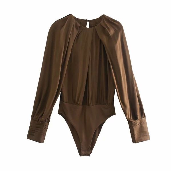 

women bodysuit pleated satin long cuffed sleeves jumpsuit playsuit bodycon fashion chic clothes 210420, Black;white