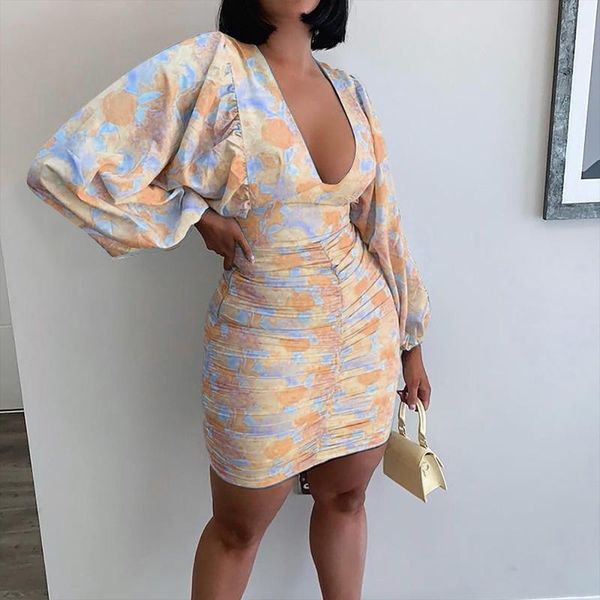 

casual dresses high waist flowers women dress vintage elegant v-neck long puff sleeve spring mini holiday style a-line, Black;gray