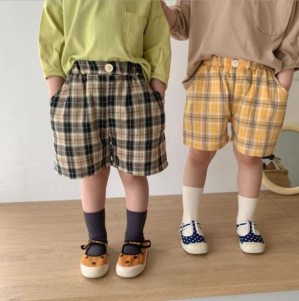 

style girls boys plaid shorts summer cotton linen fashion kids, Black