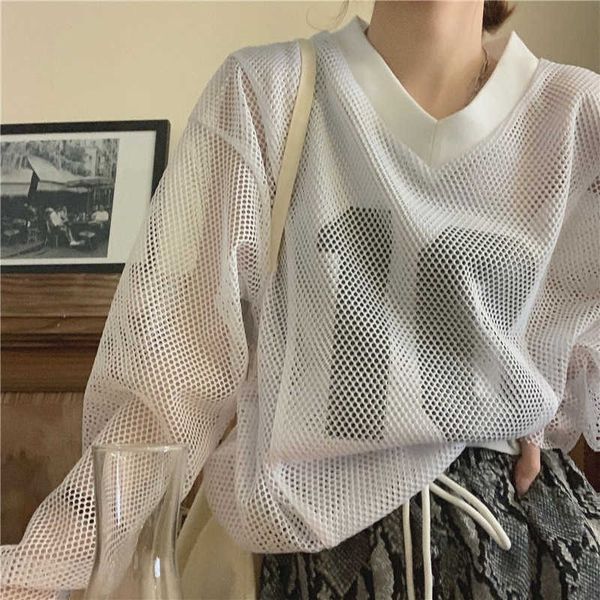 

korean t-shirt ins harajuku hong kong style letter printing loose mesh gauze summer clothes long sleeve women tee 210527, White