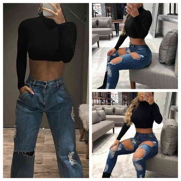 

women t-shirt female long sleeve turtleneck slim fit solid color elegant ladies casual short clothing 210522, White