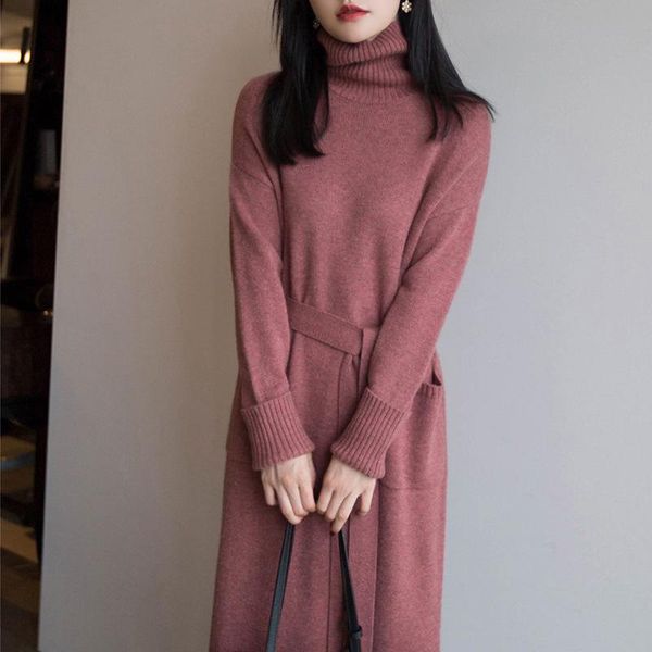 

casual dresses [ewq] korea 2021 autumn winter women straight turtleneck black pocket knitted sweater dress with belt female fashion 16e3090, Black;gray