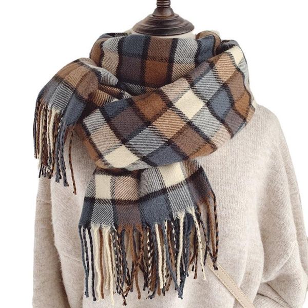 

scarves cn women polyester winter outdoor multifuction 230g cashmere shawl fashion thickened fringed british plaid scarf, Blue;gray