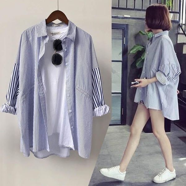 

women's blouses & shirts blue and white stripe shirt female oversized button down long sleeve korean style womens fashion woman 2021