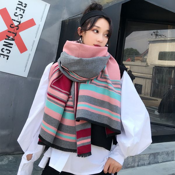 

colorful striped geometric pattern women's scarf soft and warm pink shawl long square pashmina scarves fashion multipurpose, Blue;gray